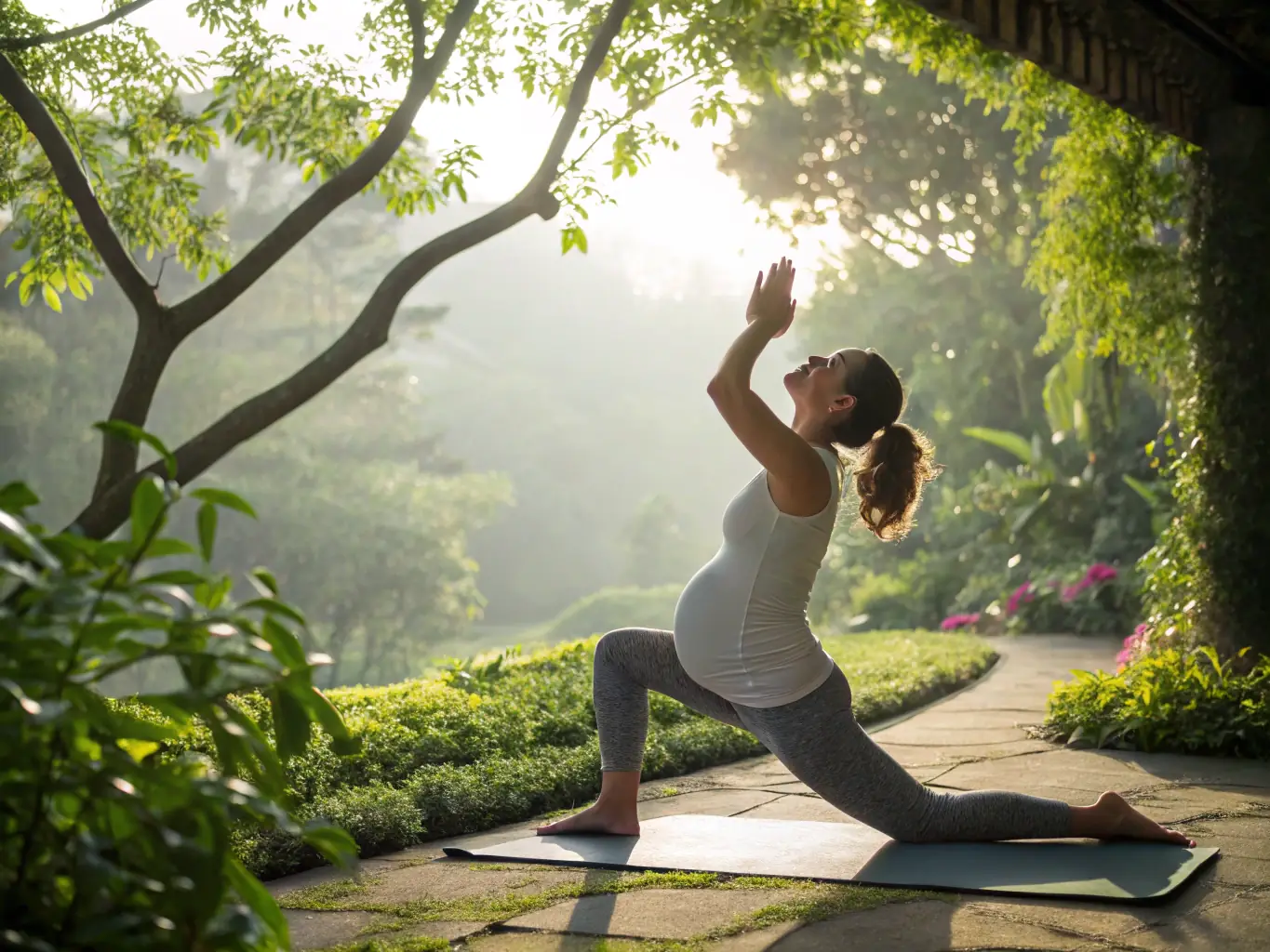 A serene image of a pregnant woman practicing prenatal yoga, radiating health and well-being. The setting should be calm and inviting, emphasizing the importance of self-care during pregnancy.