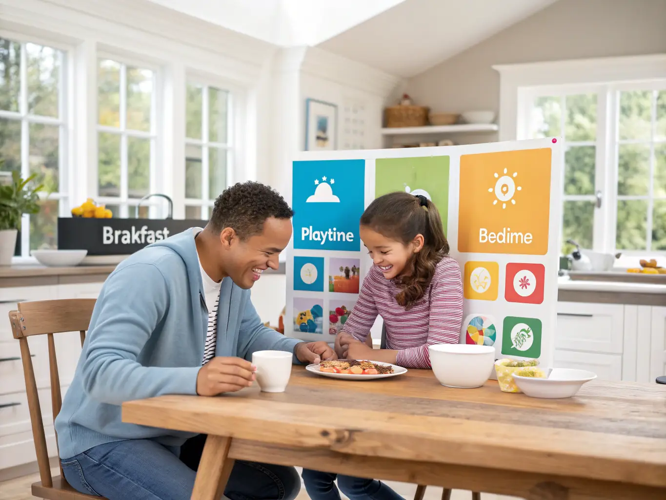 A joyful image of parents and children engaging in a fun and educational activity together, such as reading, playing games, or creating art. The image should capture the essence of quality family time and learning through play.